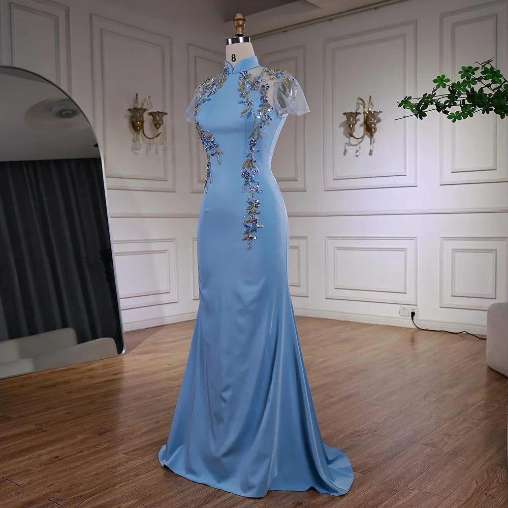 Luxury Mint Beaded Satin Mermaid Evening Dress with Corset LA72797