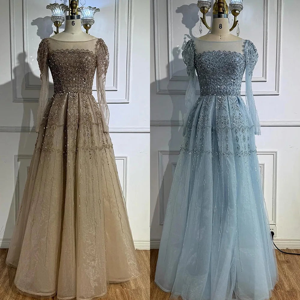 Luxury Caramel A-Line Beaded Evening Dress with Long Sleeves LA73077