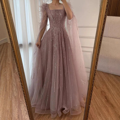 Blue Luxury Feathers Arabic Evening Dresses with Cape LA72236