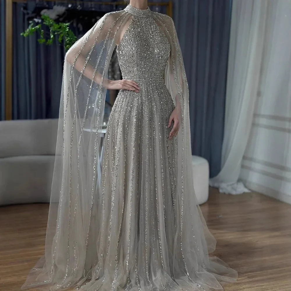 Luxury Caramel Beaded A-Line Evening Dress with Cape Sleeves LA72306B