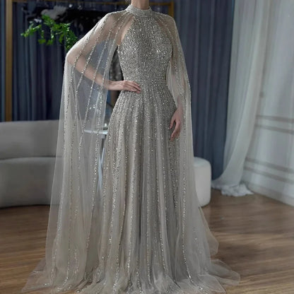 Luxury Caramel Beaded A-Line Evening Dress with Cape Sleeves LA72306B