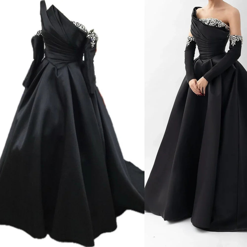Luxury Black Satin One Shoulder Beaded A-Line Evening Dress LA72741