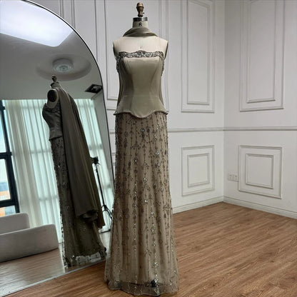 Luxury Caramel Satin Beaded Evening Dress with   Bodice LA72805C