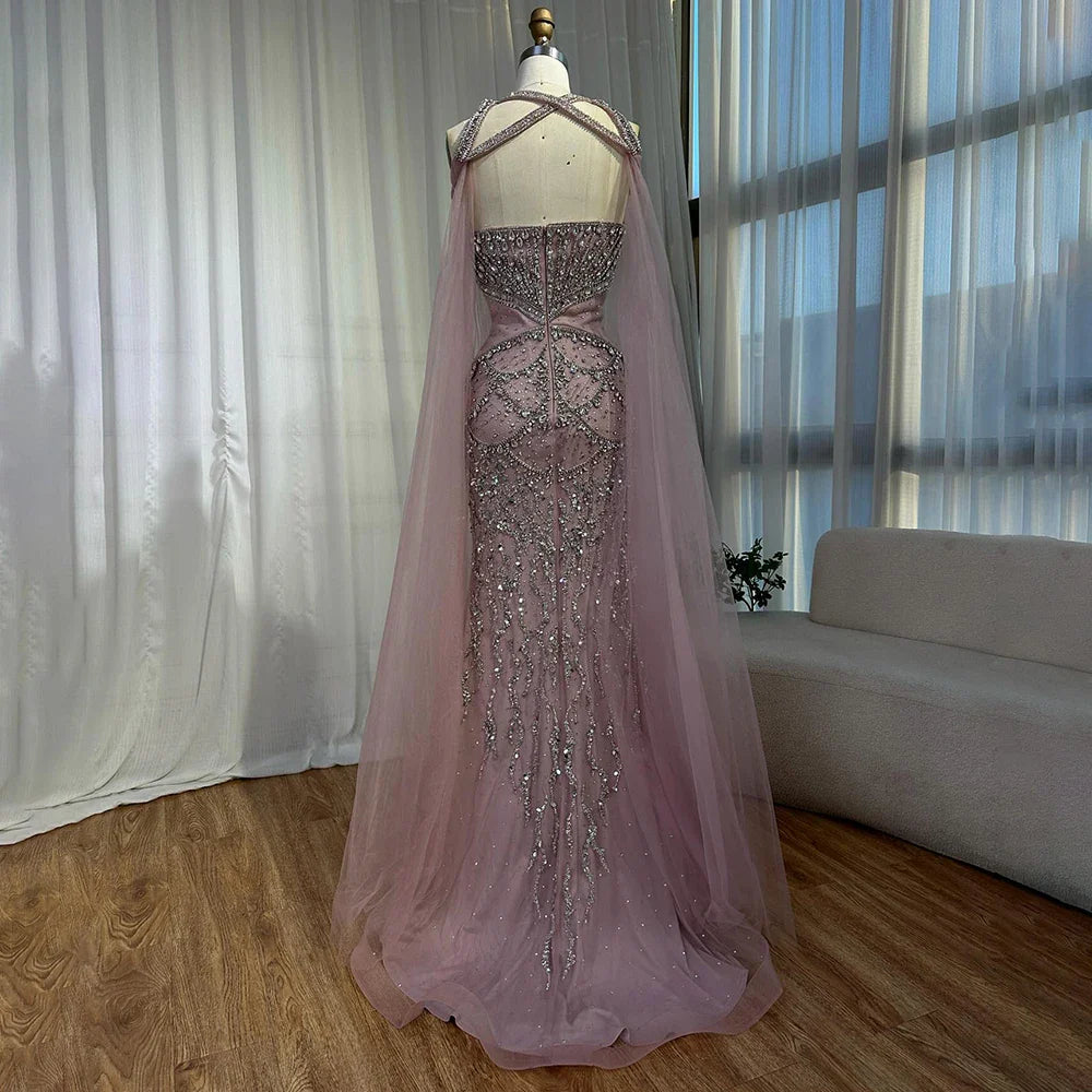 Luxury Nude Cape Sleeves Beaded Crystal Evening Dress LA72806