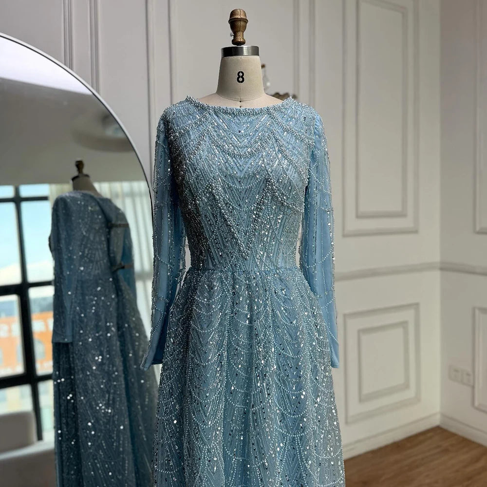 שמלת ערב יוקרתית בגזרת A עם חרוזים בצבע ירוק זית ושרוולים ארוכים LA72738B