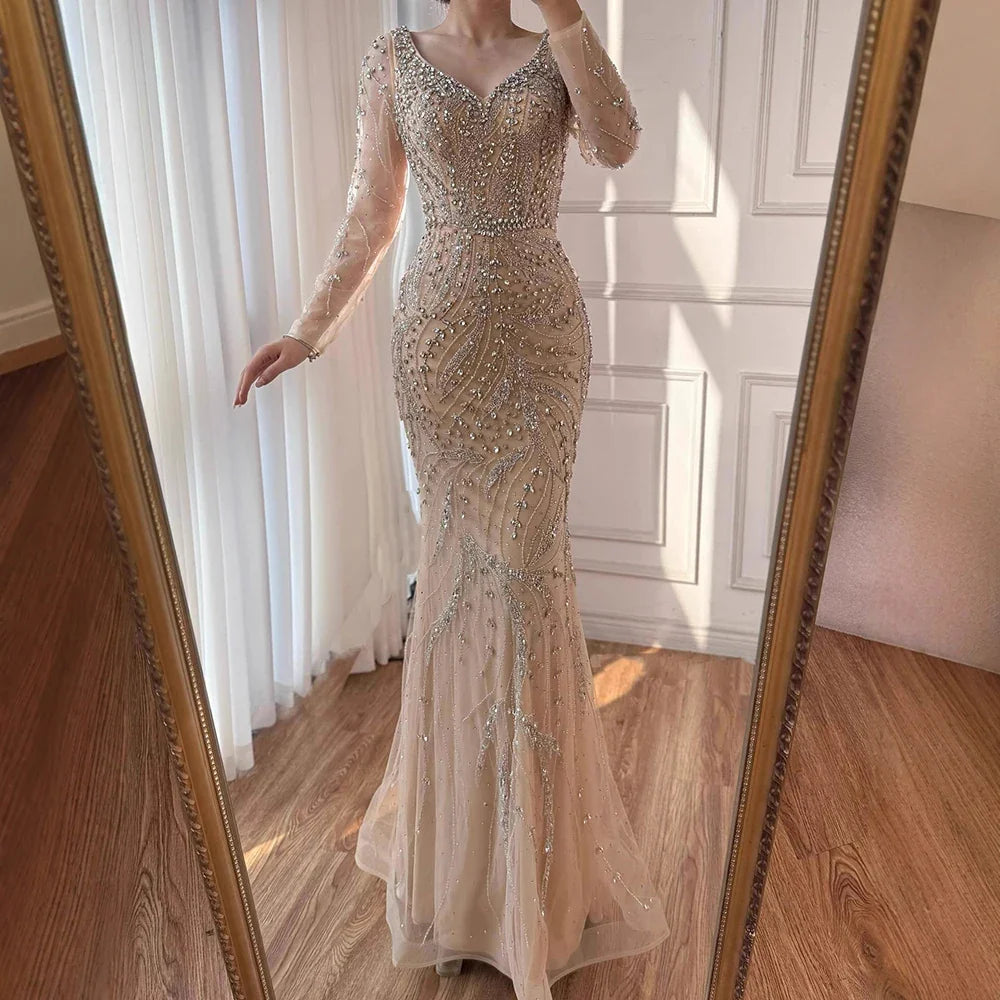 Luxury Muslim Nude Arabic Mermaid Beaded Evening Dress LA73191