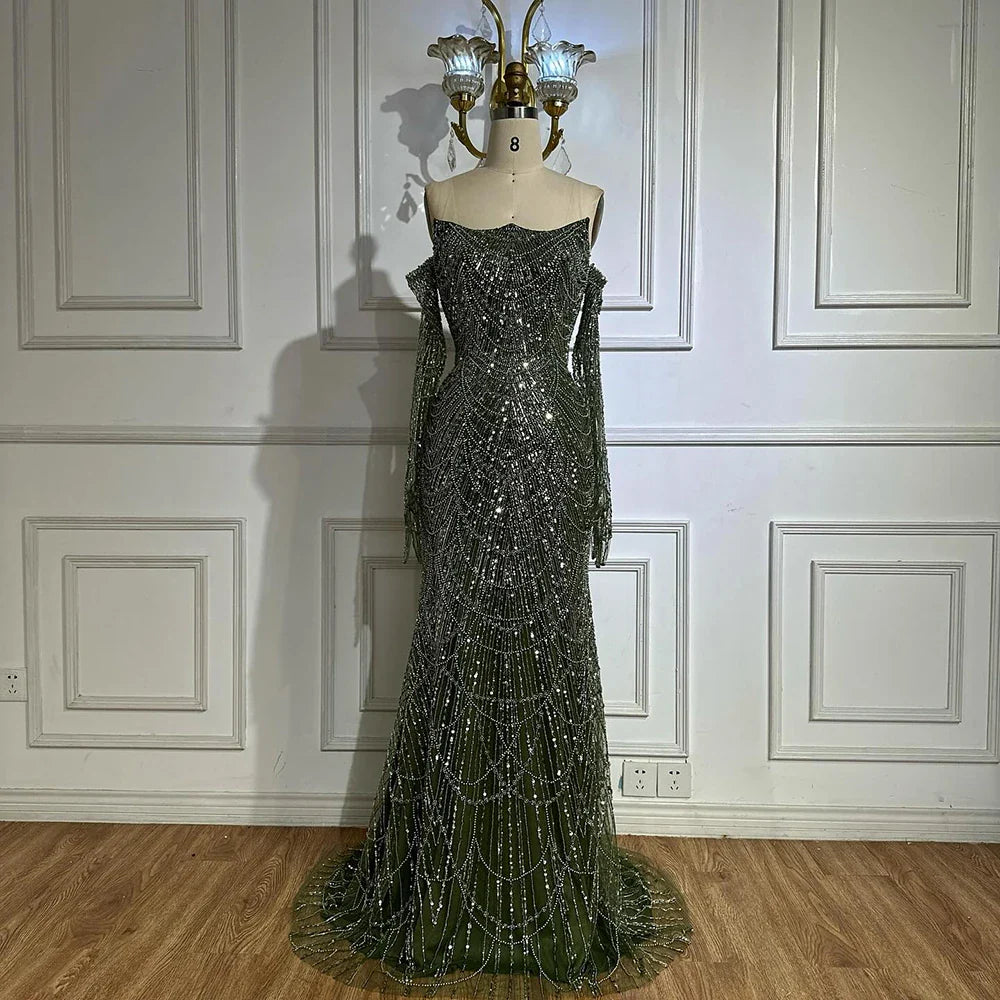 Luxury Pearls Green Mermaid Evening Dress With Gloves Plush Size LA72352