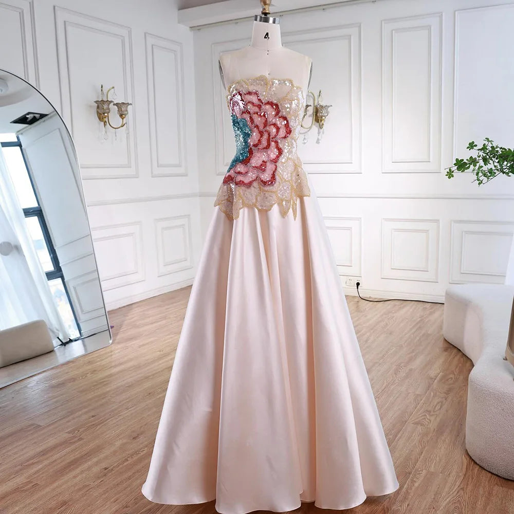 Strapless Satin A-Line Evening Dress with Sequin Bodice LA72195B