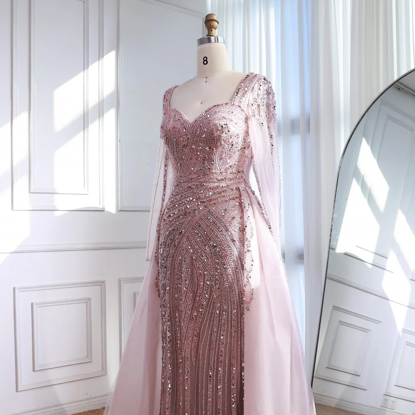 Luxury Dubai Pink Evening Dress Long Sleeve with Train LA73198
