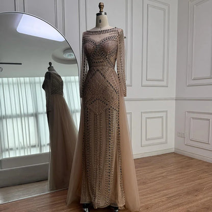 Luxury Dubai Nude  Evening Dress With Long Sleeves LA72967