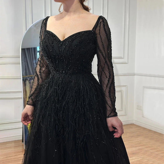 Feathers Black Evening Dresses for Women Wedding Party LA71468