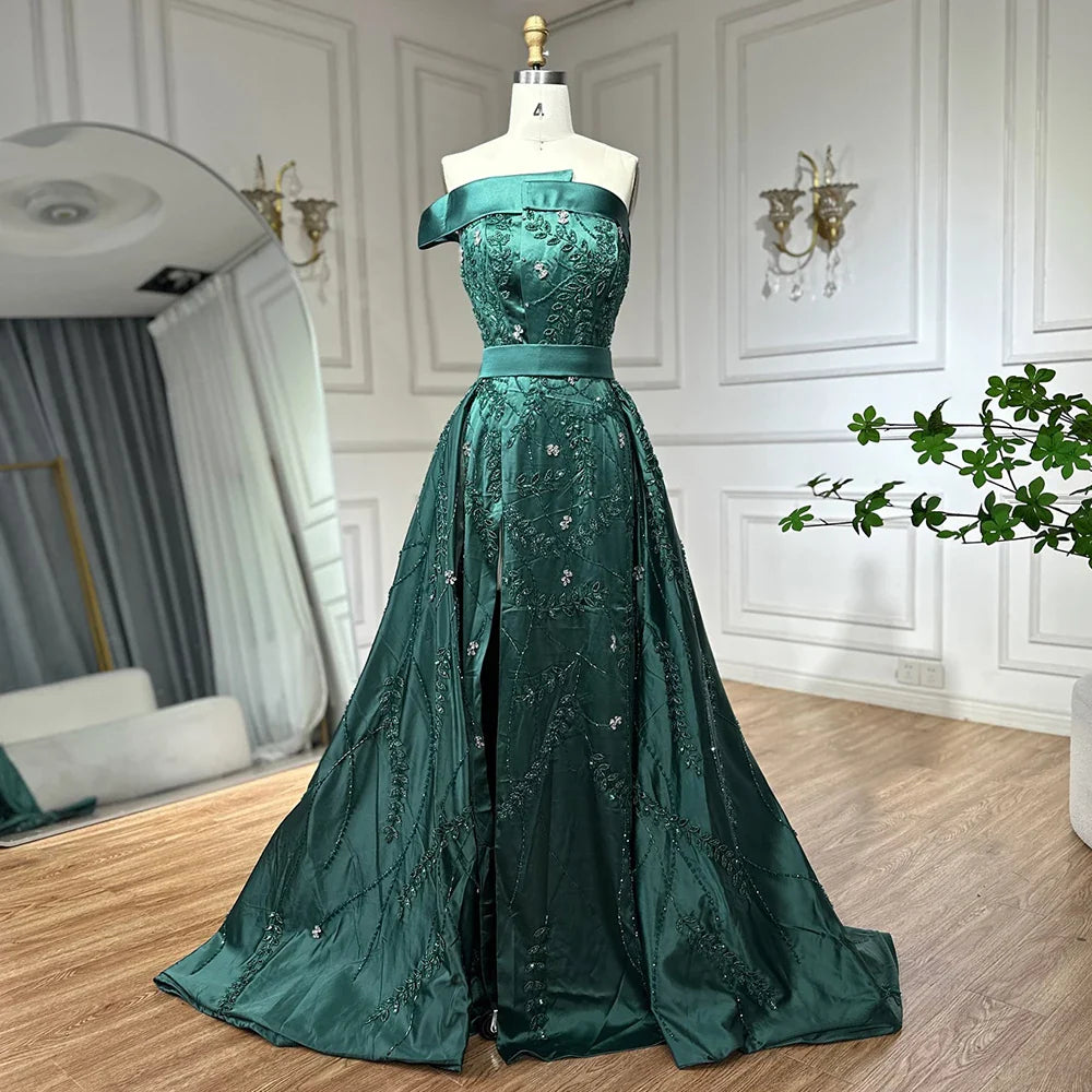 Luxury Green One Shoulder Satin Evening Dress with Overskirt LA72178
