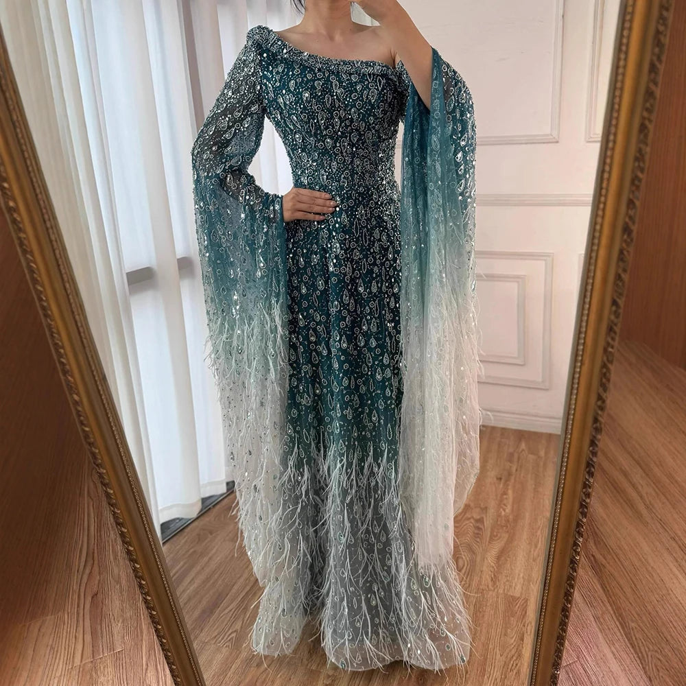 Luxury Feather One Shoulder Evening Dress with Cape Sleeves LA72763