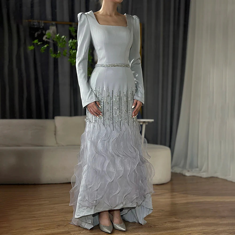 Luxury Arabic Gray Mermaid Elegant Ankle Length Beaded Satin Evening Dresses Gowns LA72317