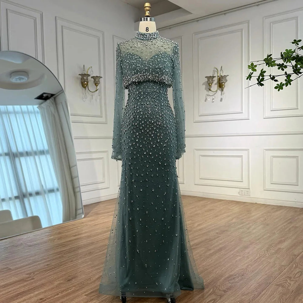 Luxury Turquoise Beaded Mermaid Evening Dress with Detachable Top LA73095