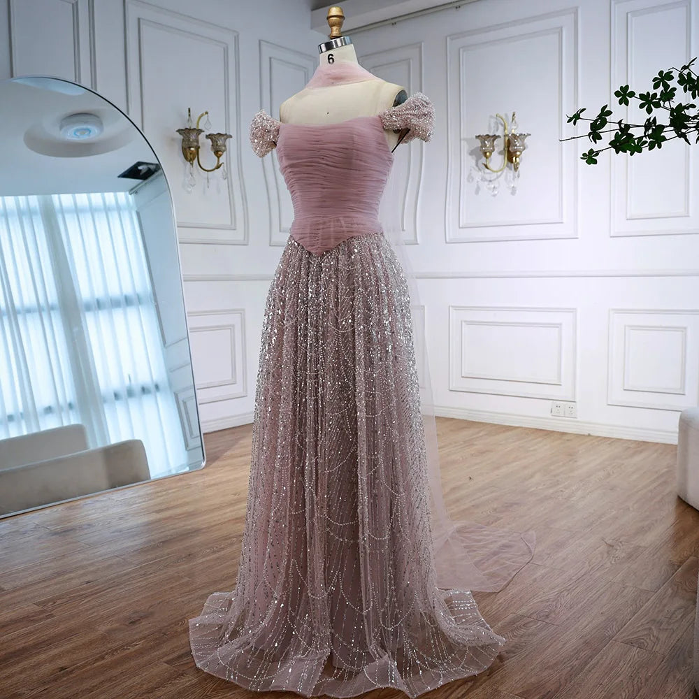 Luxury  Arabic  Pink Pearls  Evening Dress  With Cape LA72922
