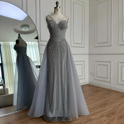 Luxury Nude Spaghetti Strap Mermaid Evening Dress with Overskirt Beaded LA73090A