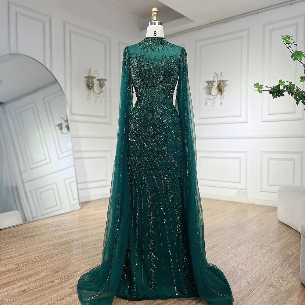 Luxury Black Nude Mermaid Evening Dresses with Cape Sleeves LA71885A