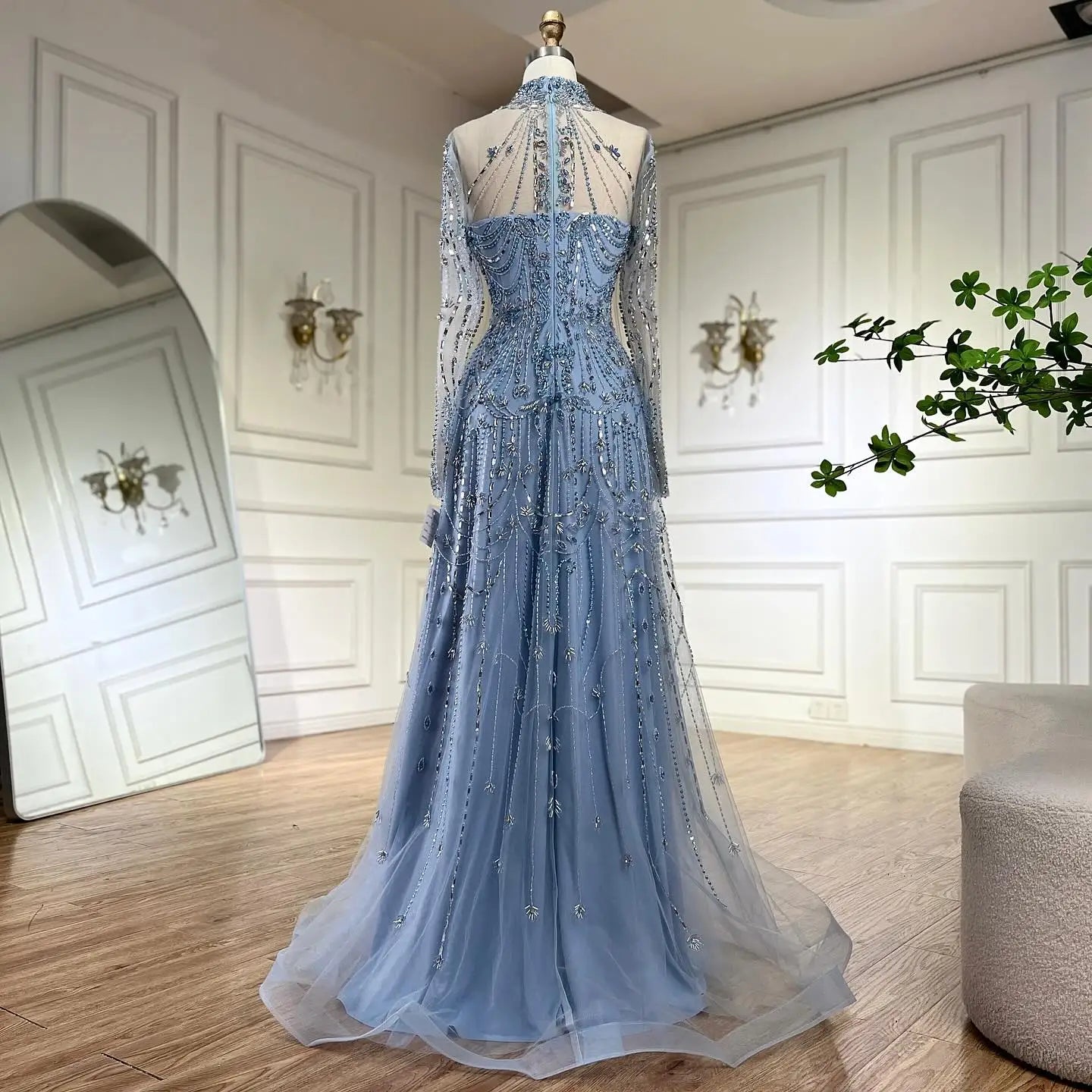 Luxury A-Line Blue Lace Beaded Turtleneck Evening Dresses LA72704