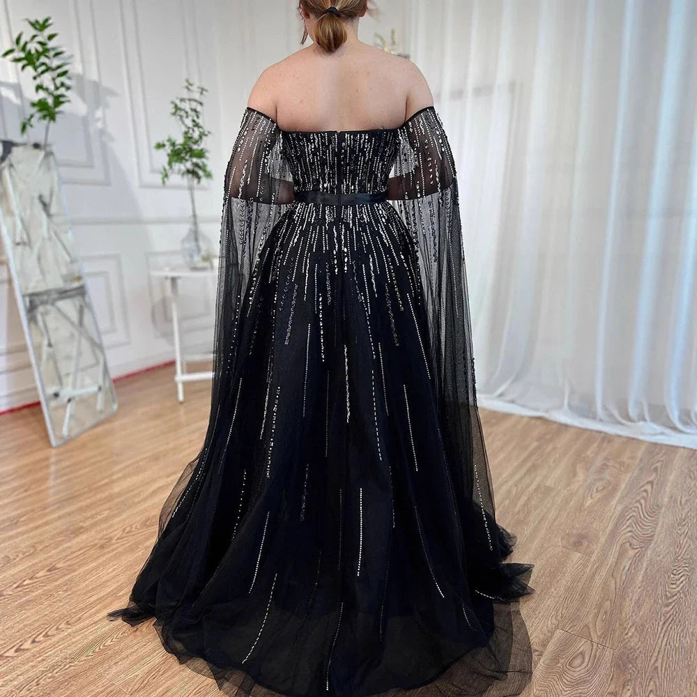 Luxury Black A Line Beaded Evening Dress with Cape Sleeves LA71824