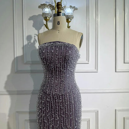 Elegant Crystal Beaded   Lilac Mermaid Evening Gown LA72950