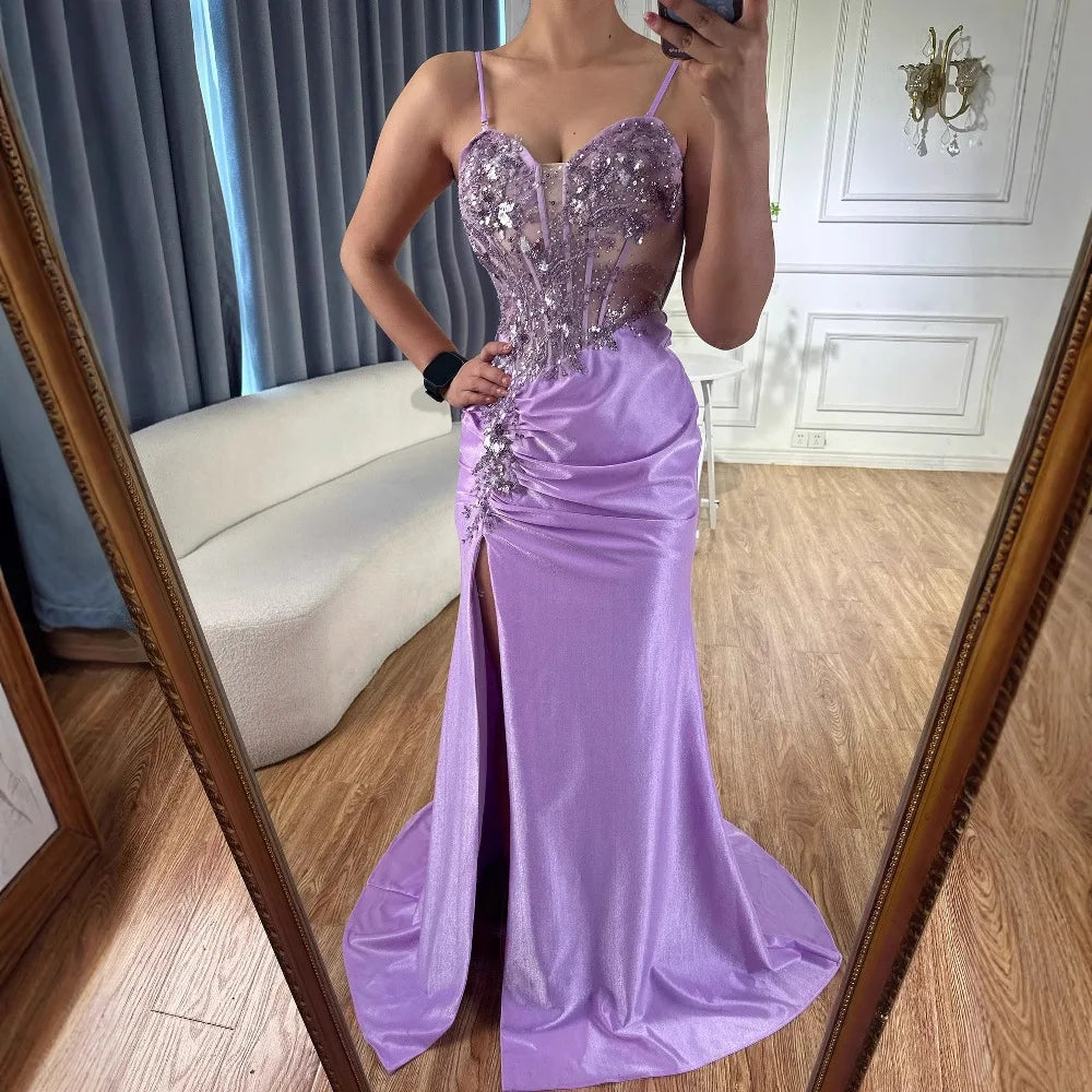 Luxury Navy Satin Prom Dress with Lace Beaded and Slit LA73003