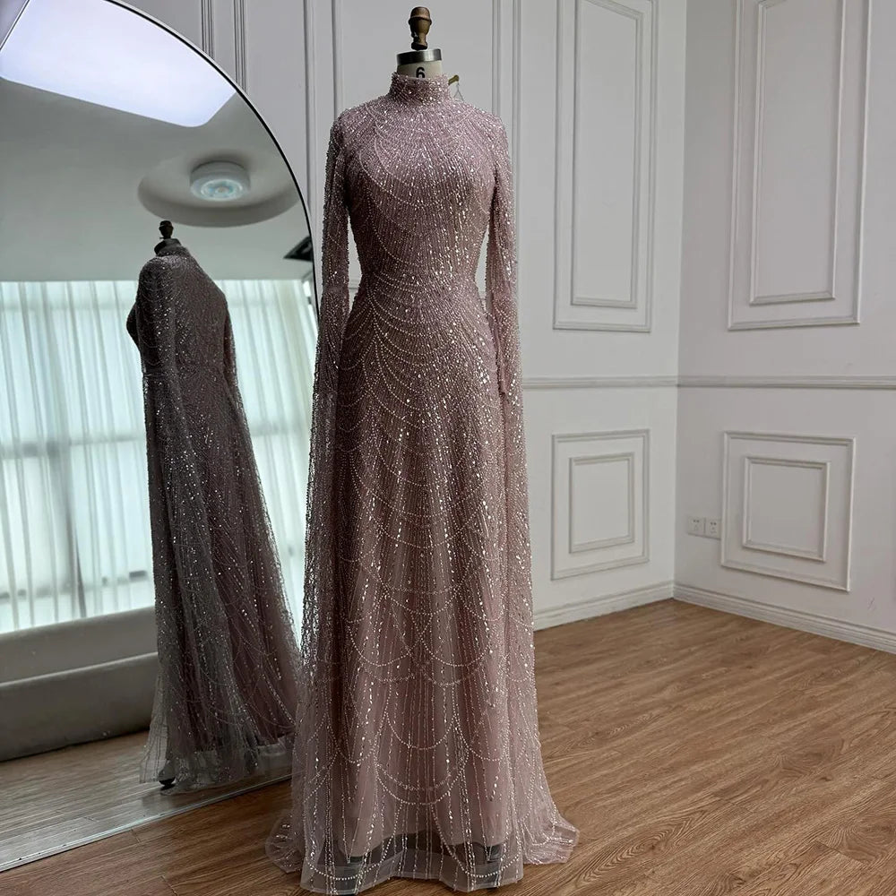 Luxury Dubai  Muslim Sage Green Pearls  Evening  Dress With Cape Plus Size LA72591