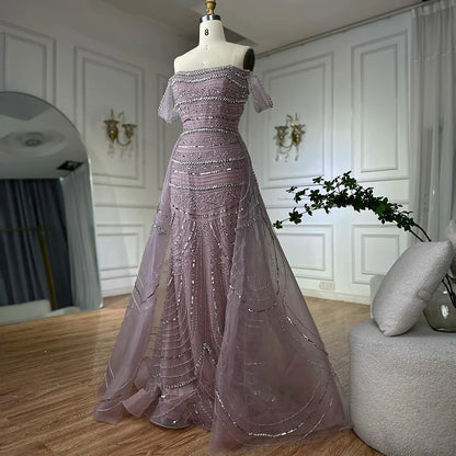 Luxury Pink Mermaid Beaded Evening Gown with Detachable Satin Overskirt LA72781