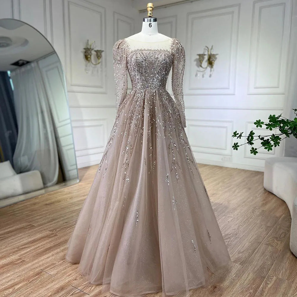 Luxury Pink Long Sleeves Dubai  Evening Dresses  Gowns For Party LA71915