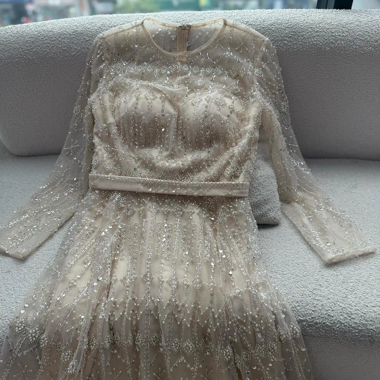 Luxury Nude A-Line Pearls Beaded Evening Dress LA73174