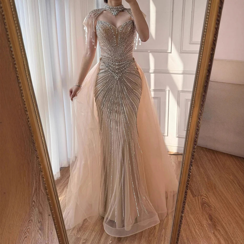 Luxury Nude Beaded Mermaid Evening Dress with Overskirt LA73182