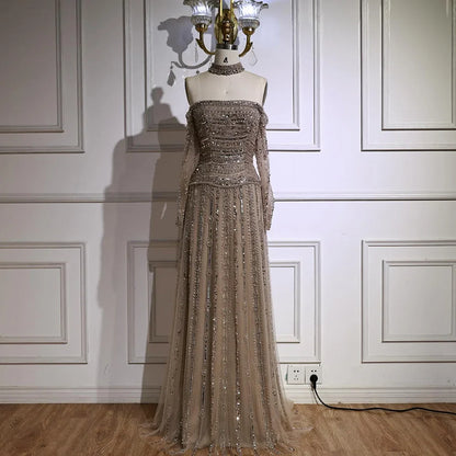 Caramel Off Shoulder Beaded Mermaid Evening Dress Long Sleeves LA73053