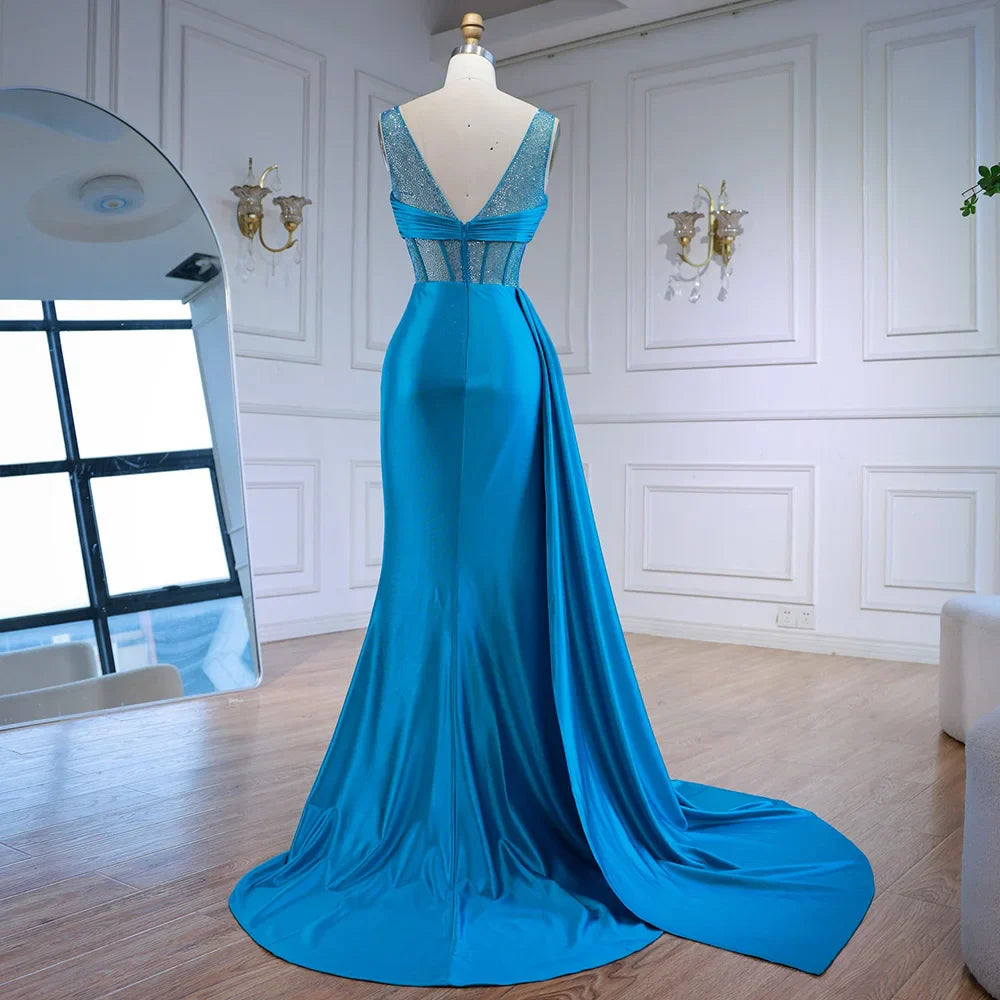 Luxury Blue Prom Dress with Side Overskirt Spaghetti Straps LA73011