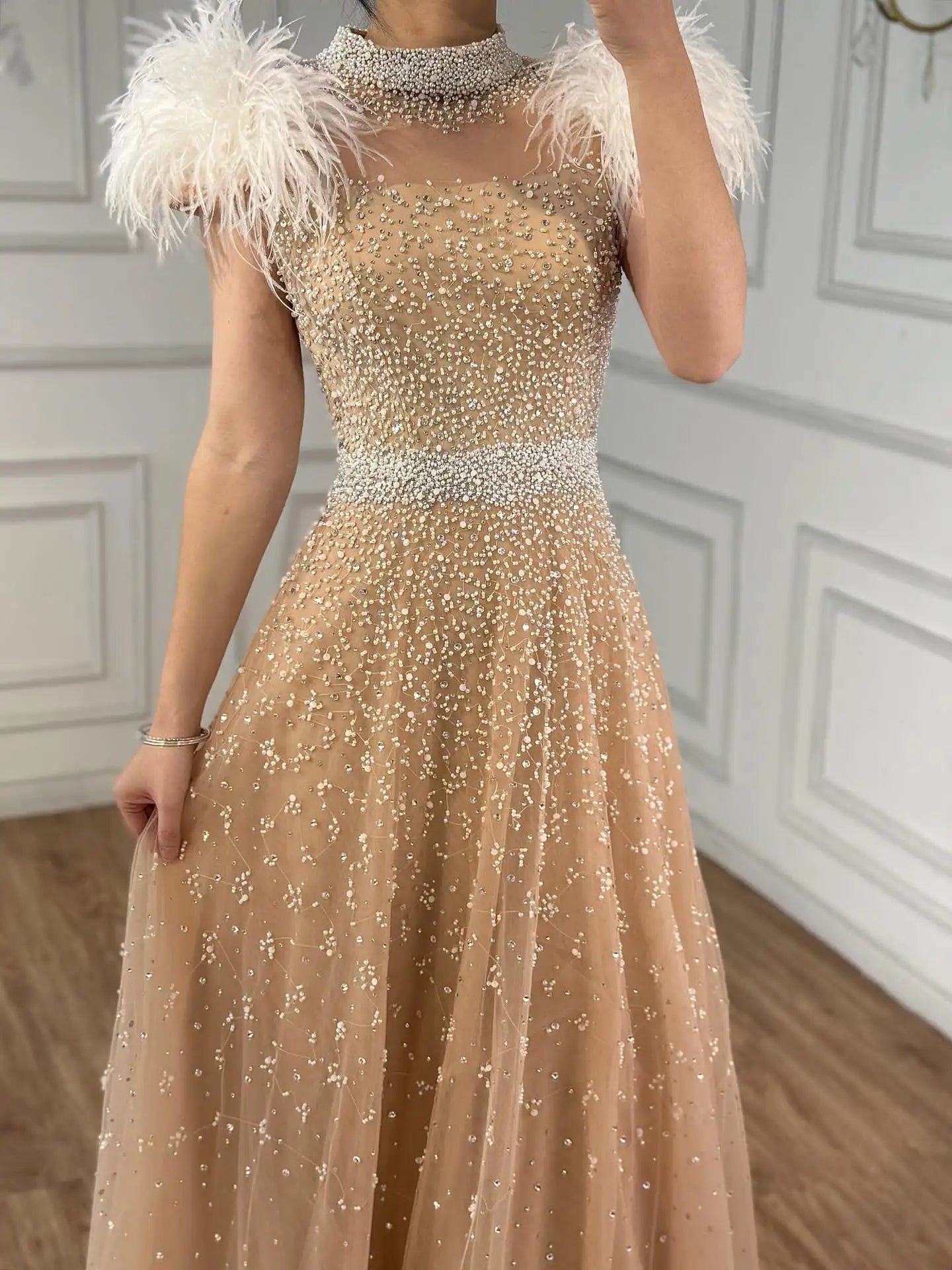 Luxury Nude Feather High Neck A-Line Beaded Evening Dress LA73420