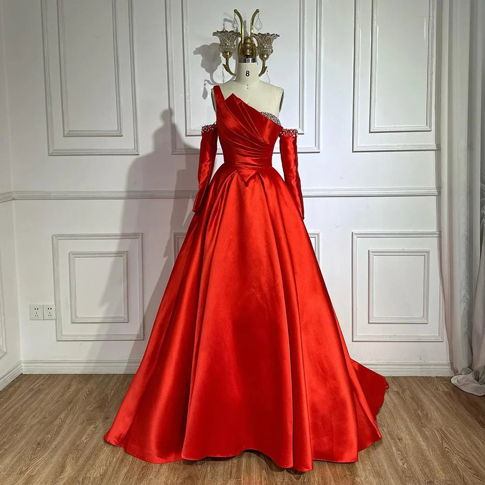 Luxury Black Satin One Shoulder Beaded A-Line Evening Dress LA72741