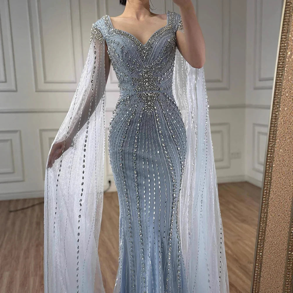 Luxury Arabic Nude Beaded Evening Dress with Cape Sleeves LA73181