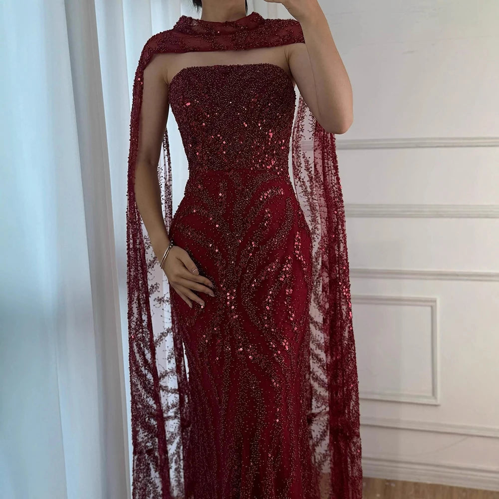 Luxury Nude Mermaid Evening Dress with Cape Sleeves LA72824