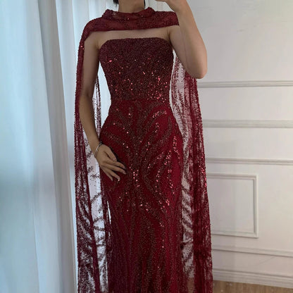 Luxury Nude Mermaid Evening Dress with Cape Sleeves LA72824