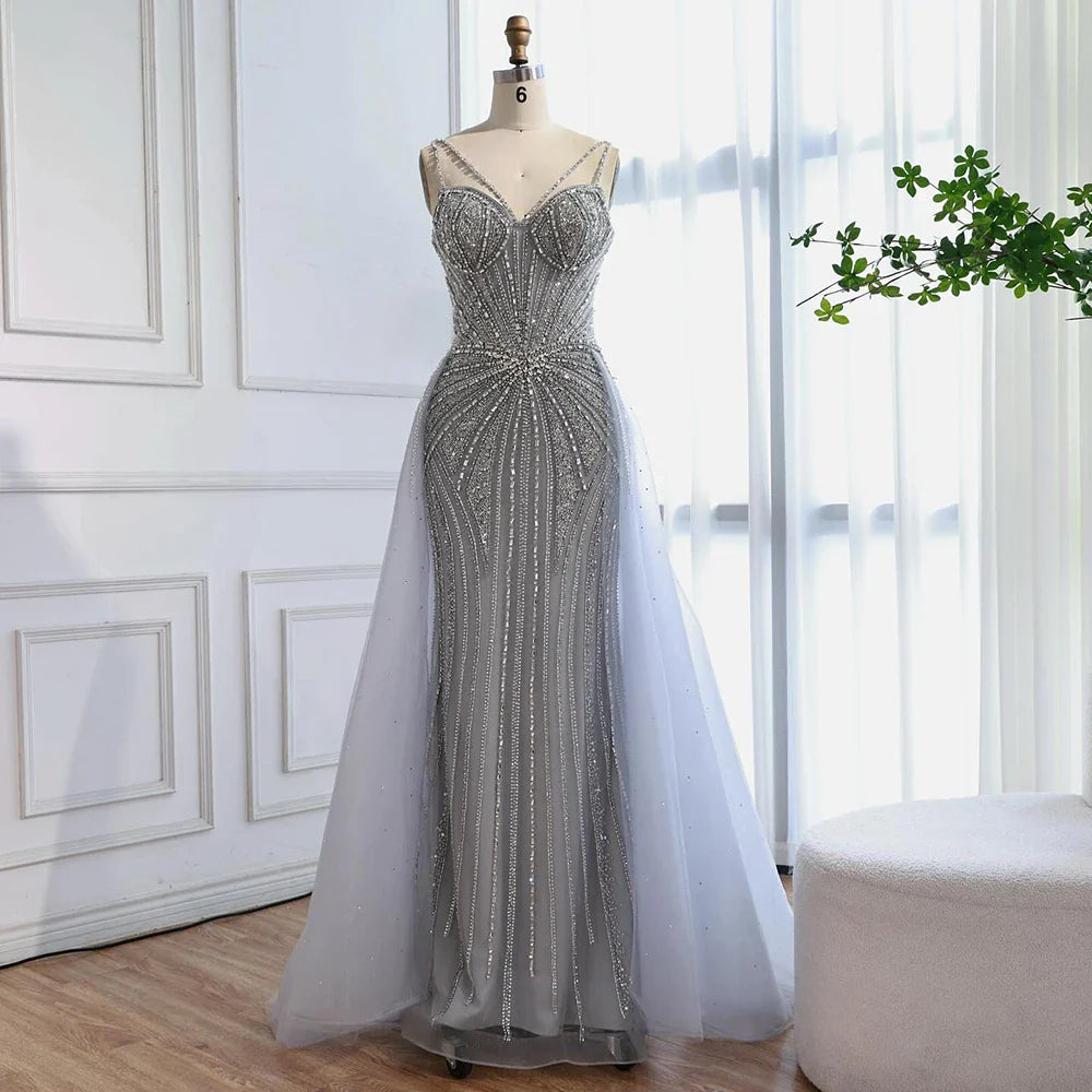 Luxury Nude Spaghetti Strap Mermaid Evening Dress with Overskirt Beaded LA73090A