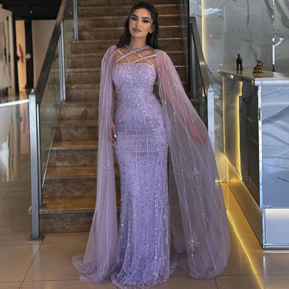 Caramel Cape Sleeves Beaded Mermaid Luxury Dubai Evening Dress LA71905B