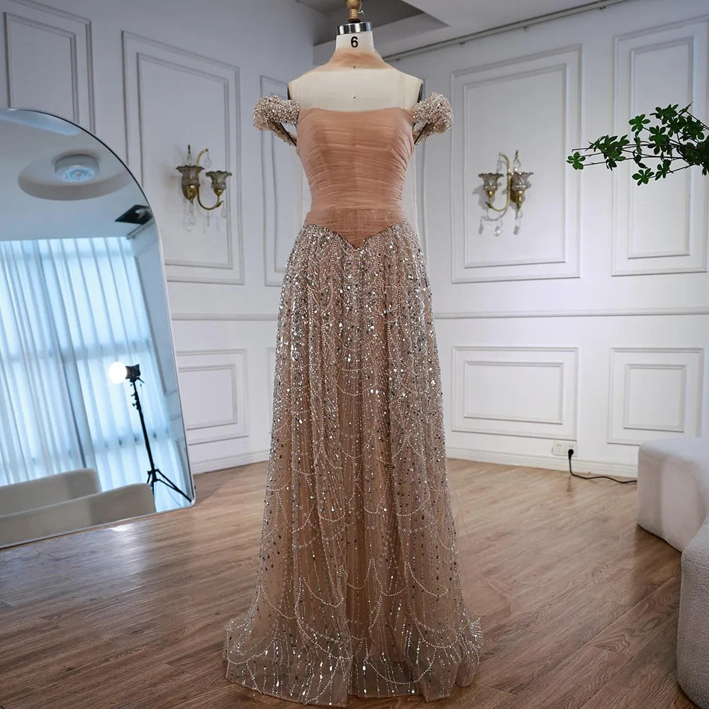 Luxury  Arabic  Pink Pearls  Evening Dress  With Cape LA72922