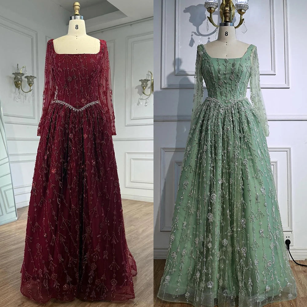 שמלת ערב יוקרתית בצבע ירוק מרווה עם חרוזים ושרוולים ארוכים LA72805B 