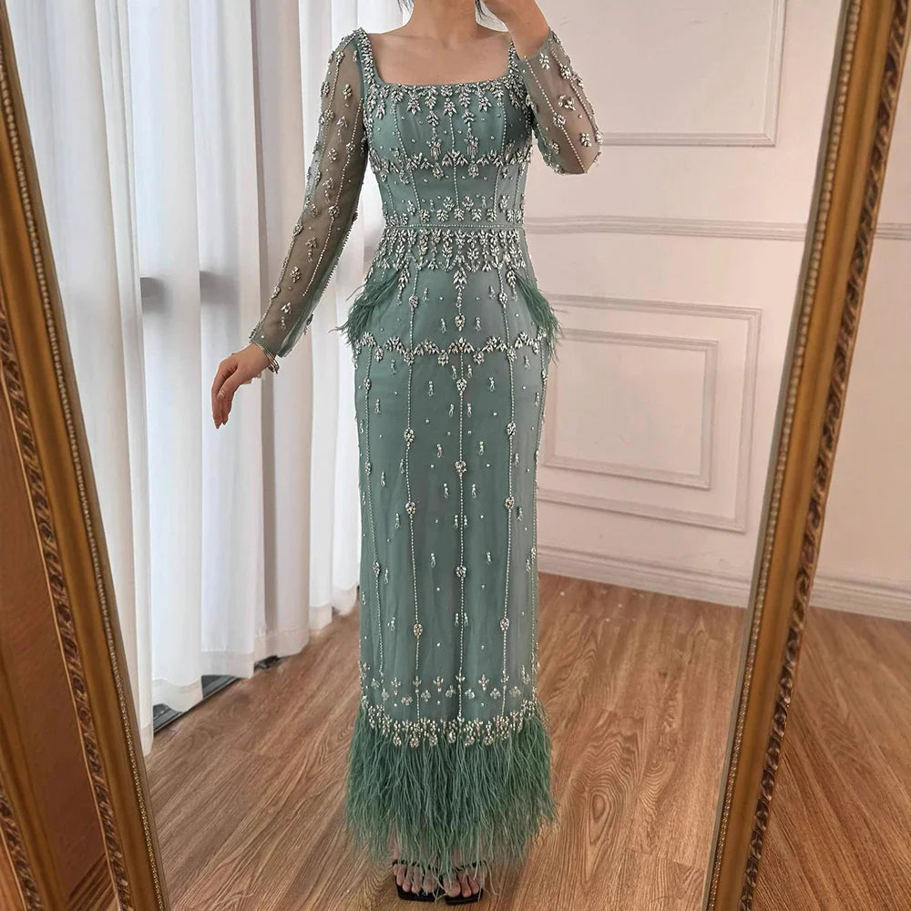 Muslim Luxury Feather Ankle Evening Dress with Long Sleeves LA71722