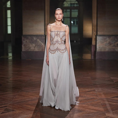 Luxury Gray Chiffon Cape Evening Dress with Beaded Bodice LA73123