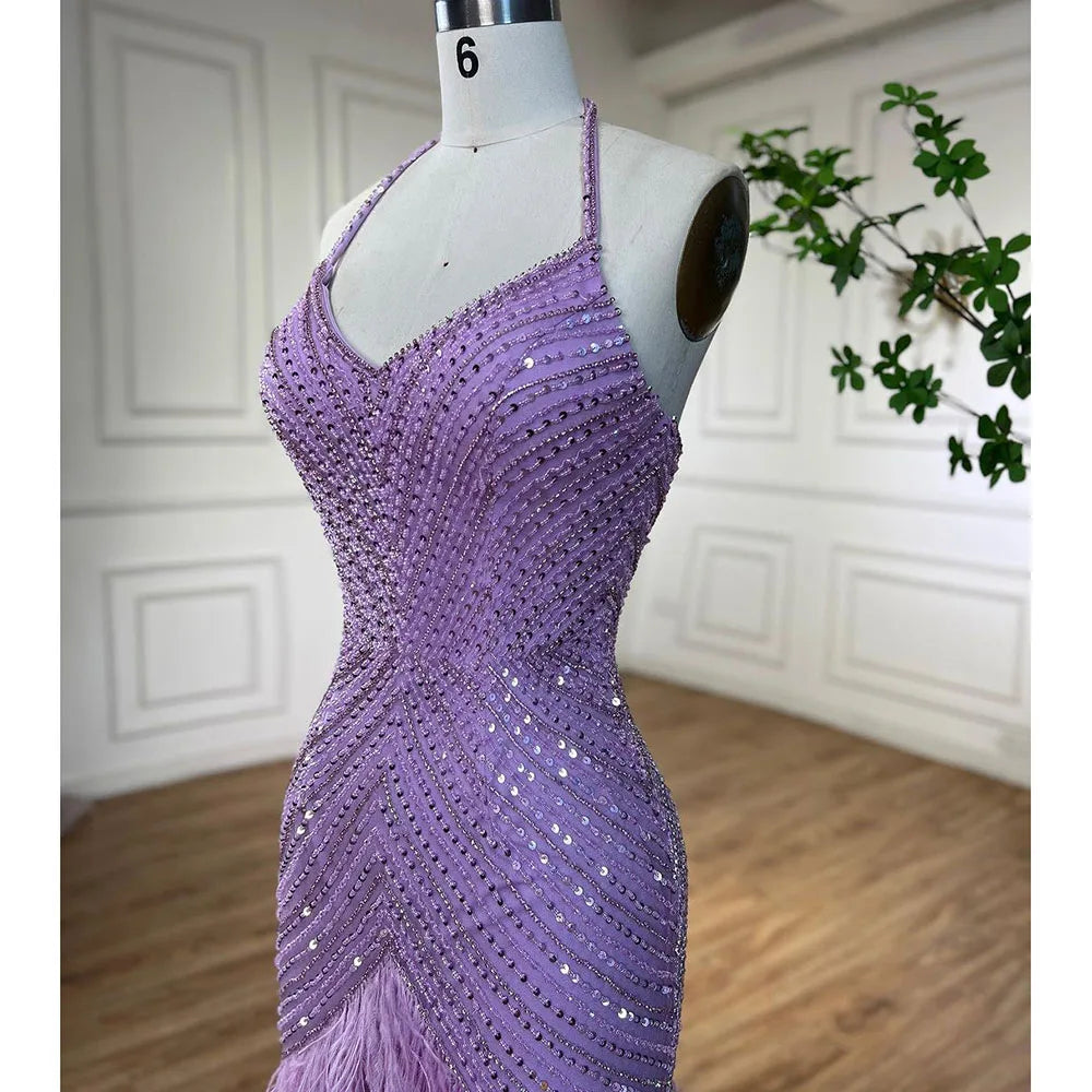 Lilac Feather Halter Mermaid Luxury Dubai Evening Dress LA72056