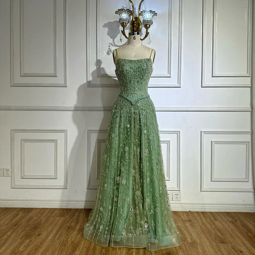 Luxury Sage Green Beaded A Line Spaghetti Strap Evening Dresses Gown LA72805