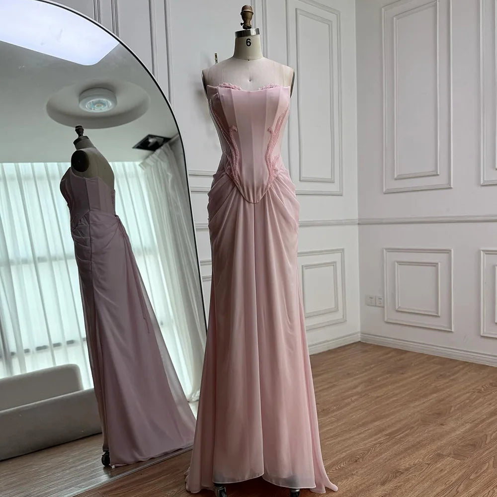 Pink Strapless Draped Satin Evening Dress with Rose Neck LA72946