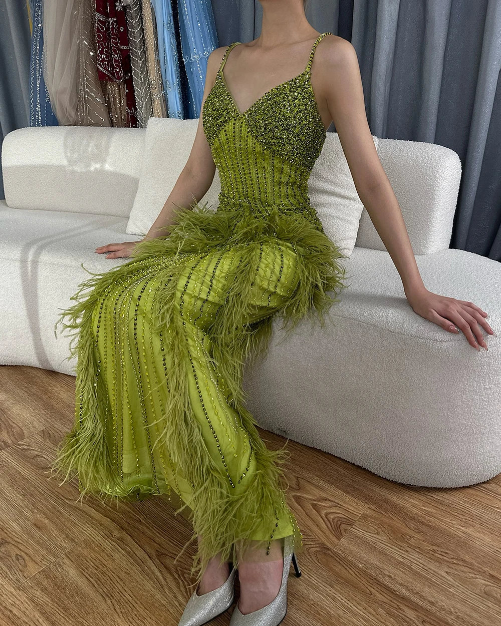 On Sale  no return no refund Serene Hill Yellow Green Feathers Mermaid Sundress Evening Gowns Beaded Ankle Length Party Drsses 2025 For Women LA72055