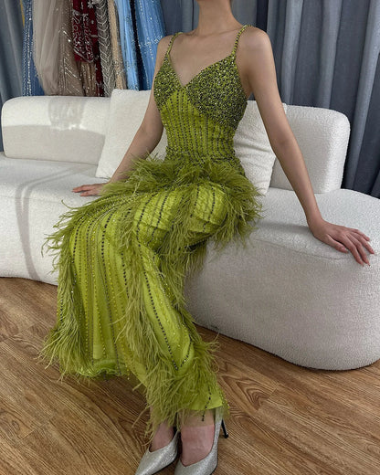 On Sale  no return no refund Serene Hill Yellow Green Feathers Mermaid Sundress Evening Gowns Beaded Ankle Length Party Drsses 2025 For Women LA72055