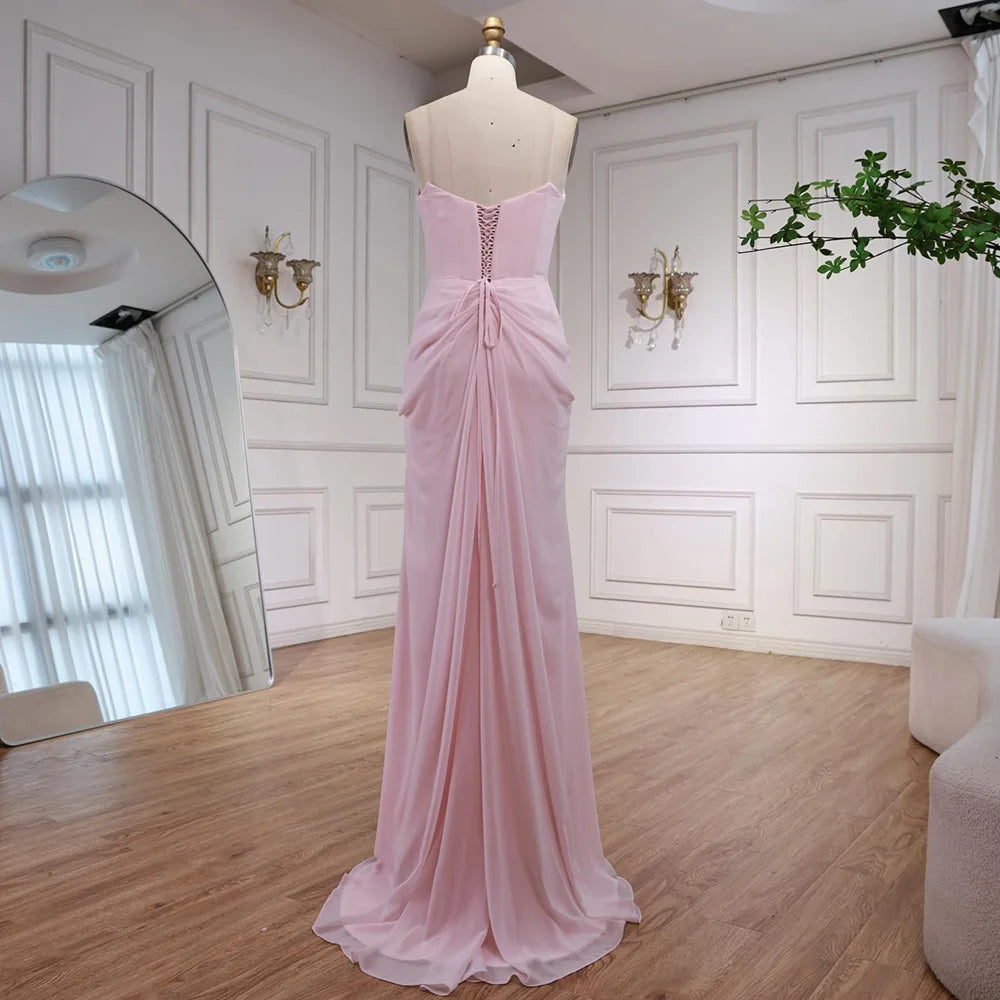Pink Strapless Draped Satin Evening Dress with Rose Neck LA72946